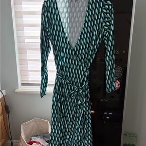 Diane Von Furstenberg Teal and Black Geometric Wrap Dress
